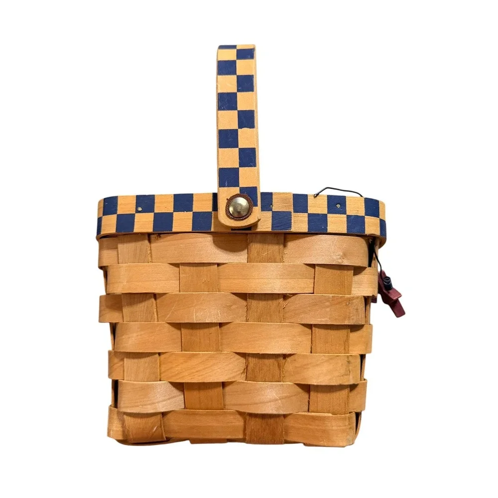Americana Woven Wood Basket Stars Checkerboard Primitive Country Decor 8in